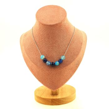 Collier 7 perles Agate rubanée bleu 8 mm Chaine en acier inoxydable