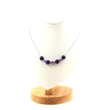 Amethyst from Brazil + Purple Tiger's Eye 8 mm 7 beads necklace. Stainless steel chain
