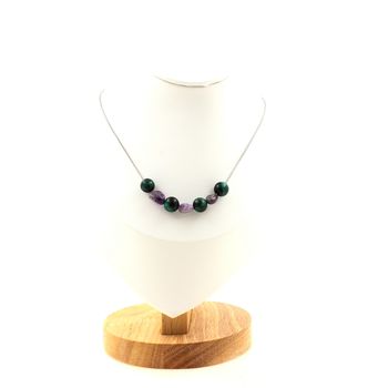 Amethyst from Brazil + green Tiger's Eye 8 mm 7 beads necklace. Stainless steel chain