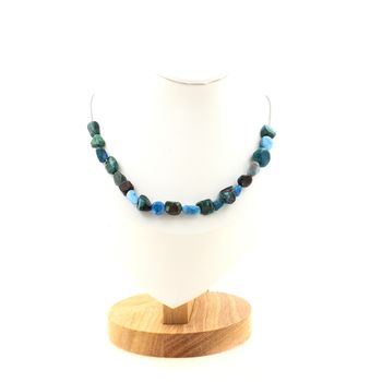 Chrysocolla from the USA + Blue Apatite from Brazil 20 beads necklace. Stainless steel chain