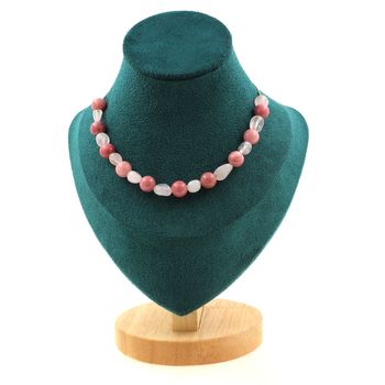 Collier 20 perles Quartz rose du Brésil + Rhodonite 8 mm Chaine en acier inoxydable