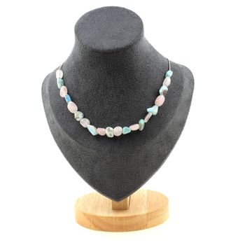 Rose Quartz from Brazil + Larimar from the Dominican Republic 20 beads necklace. Stainless steel chain