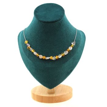 Genuine Baltic Sea Amber + Amethyst Rutile Quartz from Brazil 20 beads necklace. Stainless steel chain