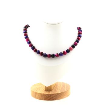 Fuchsia Tiger's Eye + Purple Tiger's Eye 8 mm beads necklace. Stainless steel chain