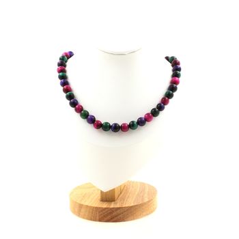 Green Tiger's Eye + Fuchsia Tiger's Eye + Purple Tiger's Eye 8 mm beads necklace. Stainless steel chain