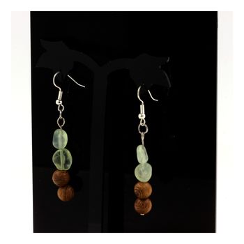 Stainless steel Earrings 2 Freeform Prehnite from Canada 5mm-8mm + wood 8 mm Beads.