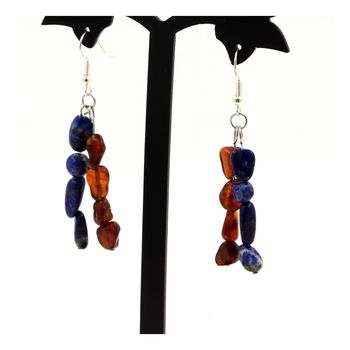 Stainless steel Earrings 4 Lapis Lazuli from Pakistan + 4 Spessartite Garnet from Mozambique Freeform Beads 5mm-8mm.