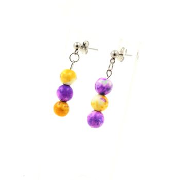 Boucles D'oreilles en acier inoxydable 3 Perles Jaspe jaune violet + Jaspe violet bleu 8 mm.