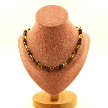 Tiger's Eye from South Africa + Golden Rutilated Quartz 8 mm beads necklace. Stainless steel chain