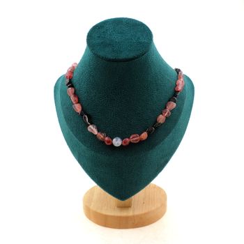 Strawberry Quartz from Madagascar + Multicolored Tourmaline from Brazil + Dragon Vein Agate 8 mm beads necklace. Stainless steel chain