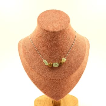 Prehnite from Canada + wood 5 Beads 8 mm necklace. Stainless steel chain