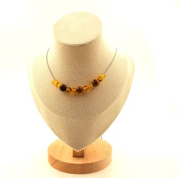 Genuine Baltic Sea Amber + wood 11 Beads 8 mm necklace. Stainless steel chain