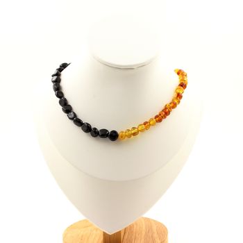 Genuine Baltic Sea Amber + Schorl Tourmaline from Brazil beads necklace. Stainless steel chain