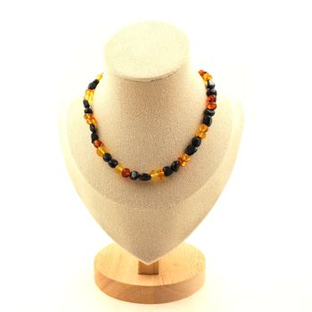 Genuine Baltic Sea Amber + Schorl Tourmaline from Brazil beads necklace. Stainless steel chain