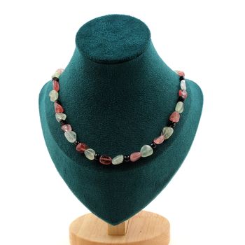 Prehnite + Strawberry Quartz + Schorl Tourmaline beads necklace. Stainless steel chain