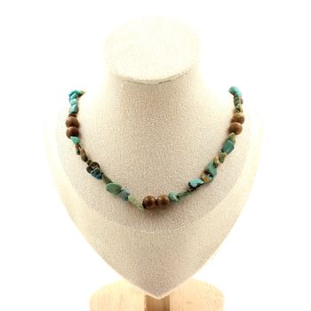 African Turquoise from South Africa + wood beads necklace. Stainless steel chain
