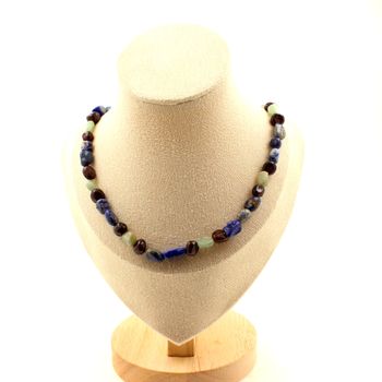 Lapis Lazuli + Garnet + Green Kyanite beads necklace. Stainless steel chain