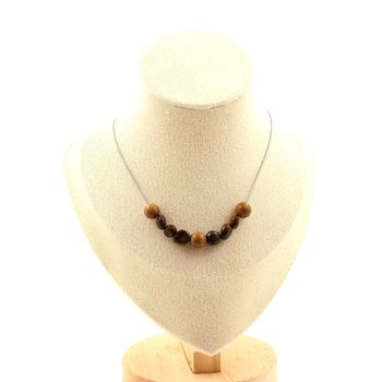Bronzite from Brazil + wood 8 mm 9 beads necklace. Stainless steel chain