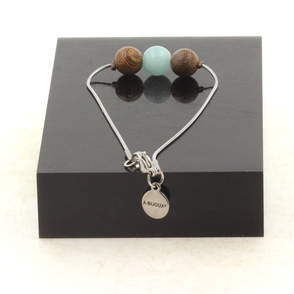 Bracelet en acier inoxydable 1 Perle Angélite + bois 8 mm.