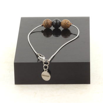 Stainless steel bracelet 1 Black Obsidian + wood 8 mm Bead.