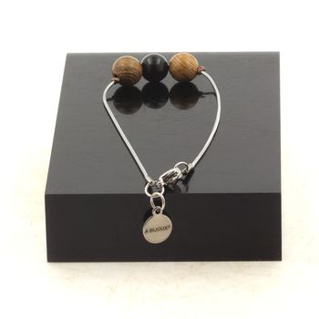 Stainless steel bracelet 1 Black Agate + wood 8 mm Bead.