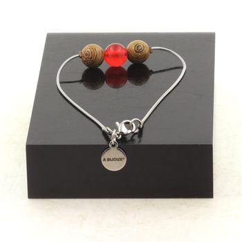 Stainless steel bracelet 1 Red chalcedony + wood 8 mm Bead.
