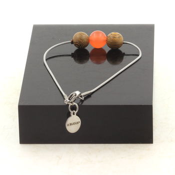Stainless steel bracelet 1 Orange Chalcedony + wood 8 mm Bead.