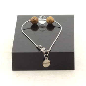 Stainless steel bracelet 1 Quartz from Brazil + wood 8 mm Bead.