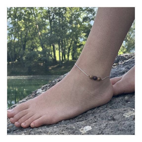 Stainless steel Anklet 1 Matte Red Tiger's Eye + wood 8 mm Bead.