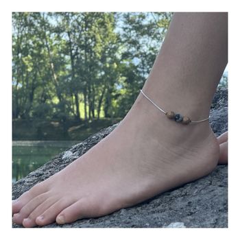 Bracelet de cheville 1 Perle Obsidienne Flocon de Neige + bois 8 mm chaîne en acier inoxydable.