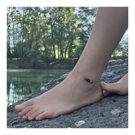 Stainless steel Anklet 1 Matte black Onyx Bead + wood 8mm.