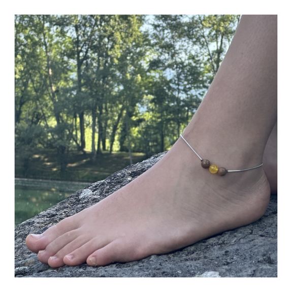 Bracelet de cheville 1 Perle Agate jaune + bois 8 mm chaîne en acier inoxydable.