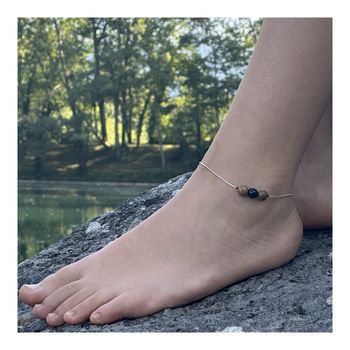 Bracelet de cheville 1 Perle Obsidienne noire + bois 8 mm chaîne en acier inoxydable.