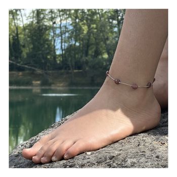 Bracelet de cheville 5 Perles Rubis du Brésil chaîne en acier inoxydable.