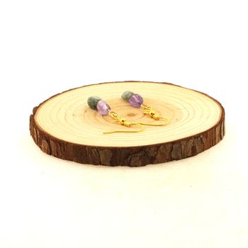 Golden stainless steel Earrings Auralite + Green Rutile Quartz 2 Beads.