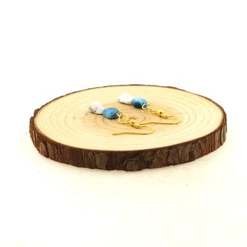 Golden stainless steel Earrings Blue Apatite + Howlite 2 Beads.