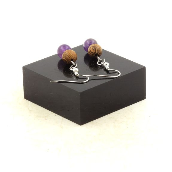 Stainless steel Earrings Amethyst + wood 8 mm 2 Beads.