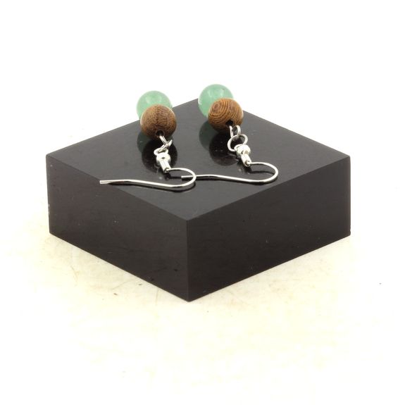 Stainless steel Earrings Aventurine + wood 8 mm 2 Beads.