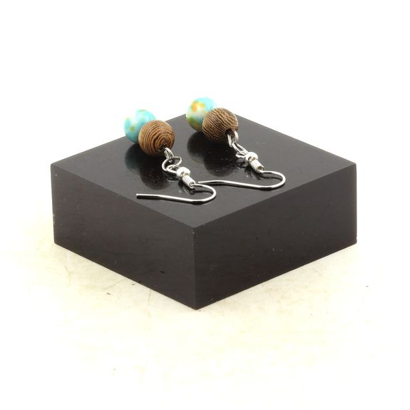 Stainless steel Earrings Blue orange Jasper + wood 8 mm 2 Beads.
