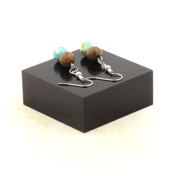 Boucles D'oreilles 2 Perles Jaspe bleu orange + bois 8 mm en acier inoxydable.