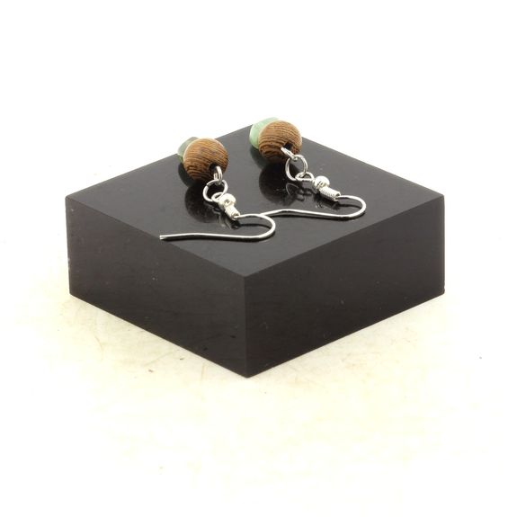Stainless steel Earrings Green Apatite from Madagascar + wood 8 mm 2 Beads.