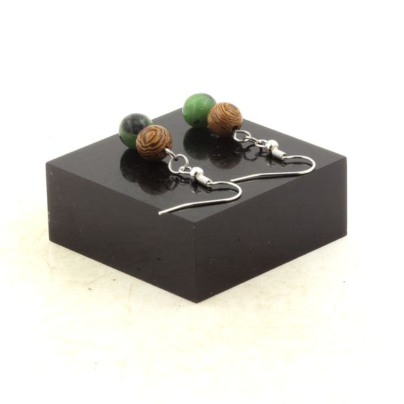 Stainless steel Earrings Epidote from Australia + wood 8 mm 2 Beads.