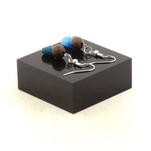 Stainless steel Earrings Blue apatite from Brazil + wood 8 mm 2 Beads.