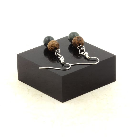 Stainless steel Earrings Indian Agate + wood 8 mm 2 Beads.