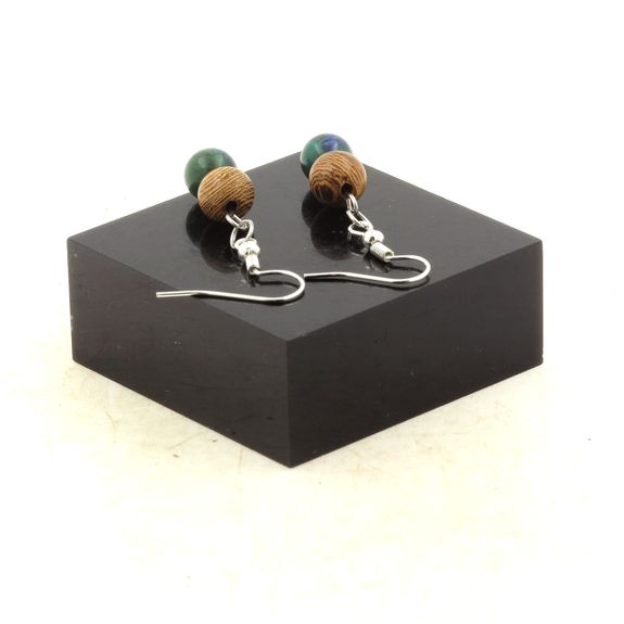 Stainless steel Earrings Azurite Chrysocolla + wood 8 mm 2 Beads.