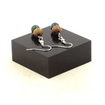 Boucles D'oreilles 2 Perles Azurite Chrysocolle + bois 8 mm en acier inoxydable.