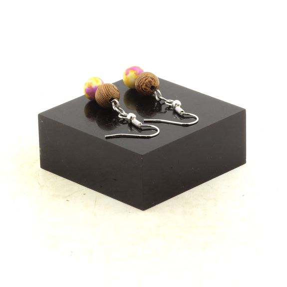 Stainless steel Earrings Yellow-purple Jasper + wood 8 mm 2 Beads.