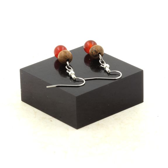 Stainless steel Earrings Red Agate + wood 8 mm 2 Beads.