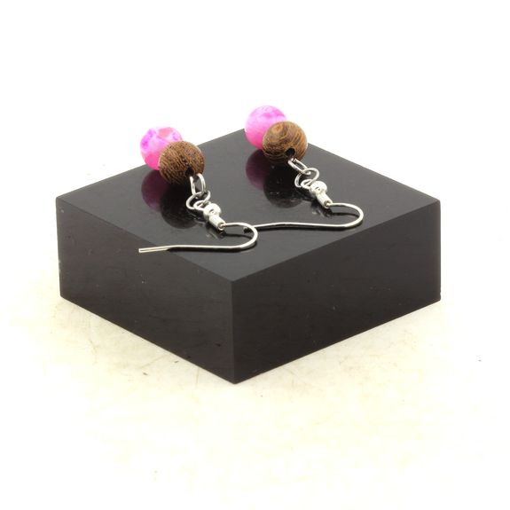 Stainless steel Earrings Red cracked Agate + wood 8 mm 2 Beads.