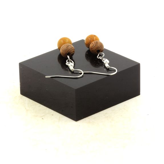 Stainless steel Earrings Crazy Lace Agate + wood 8 mm 2 Beads.